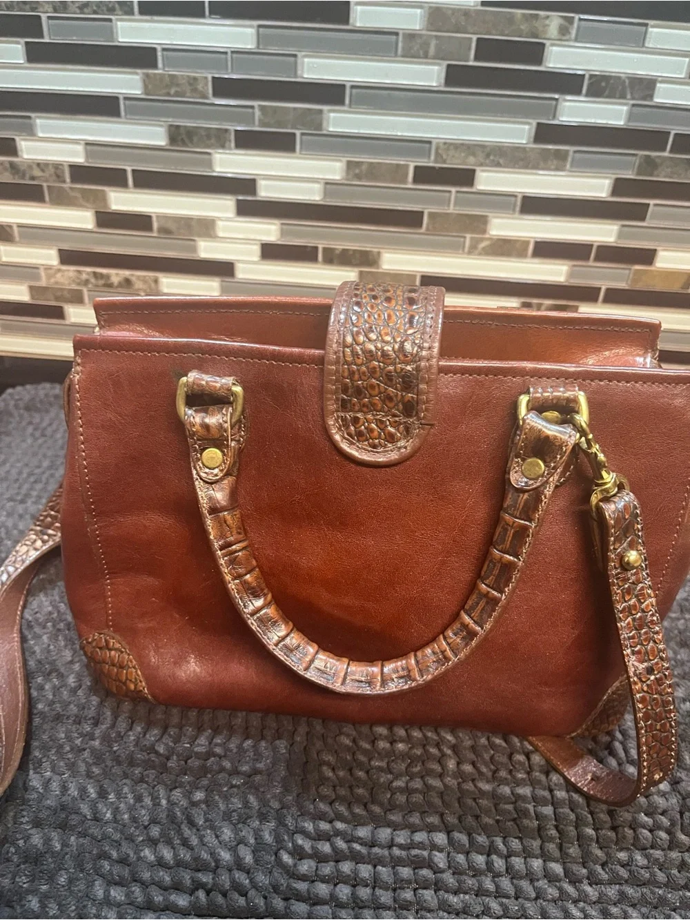 Brahmin Vintage Chestnut Brown Leather Crossbody with Croc-Trim & Gold Hardware
